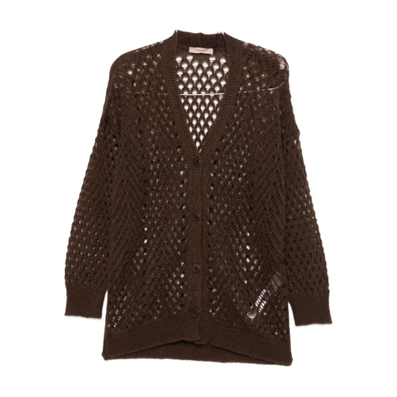 Twin-Set Pull Open-Knit Brown Mohair And Wool Blend Cardigan Black