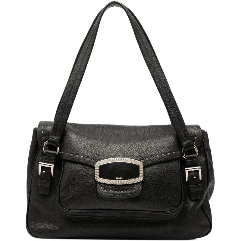 Prada Schultertasche Vitello Daino Pushlock Flap schwarz
