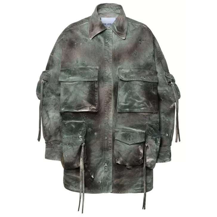 The Attico Fern Short Coat In Green Camouflage Denim Green