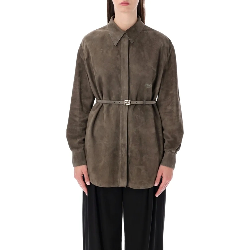 Fendi  Taupe Suede Overshirt With Belt Grey