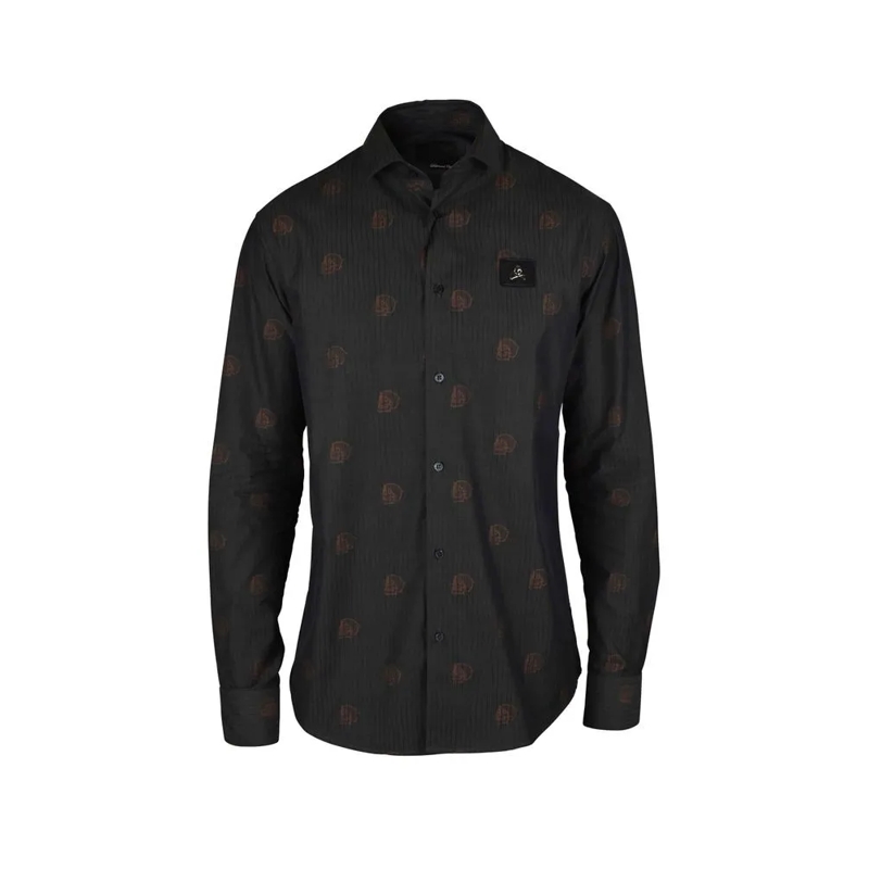 Philipp Plein Hemd Grey Cotton Striped Shirt With Skull Motif Black