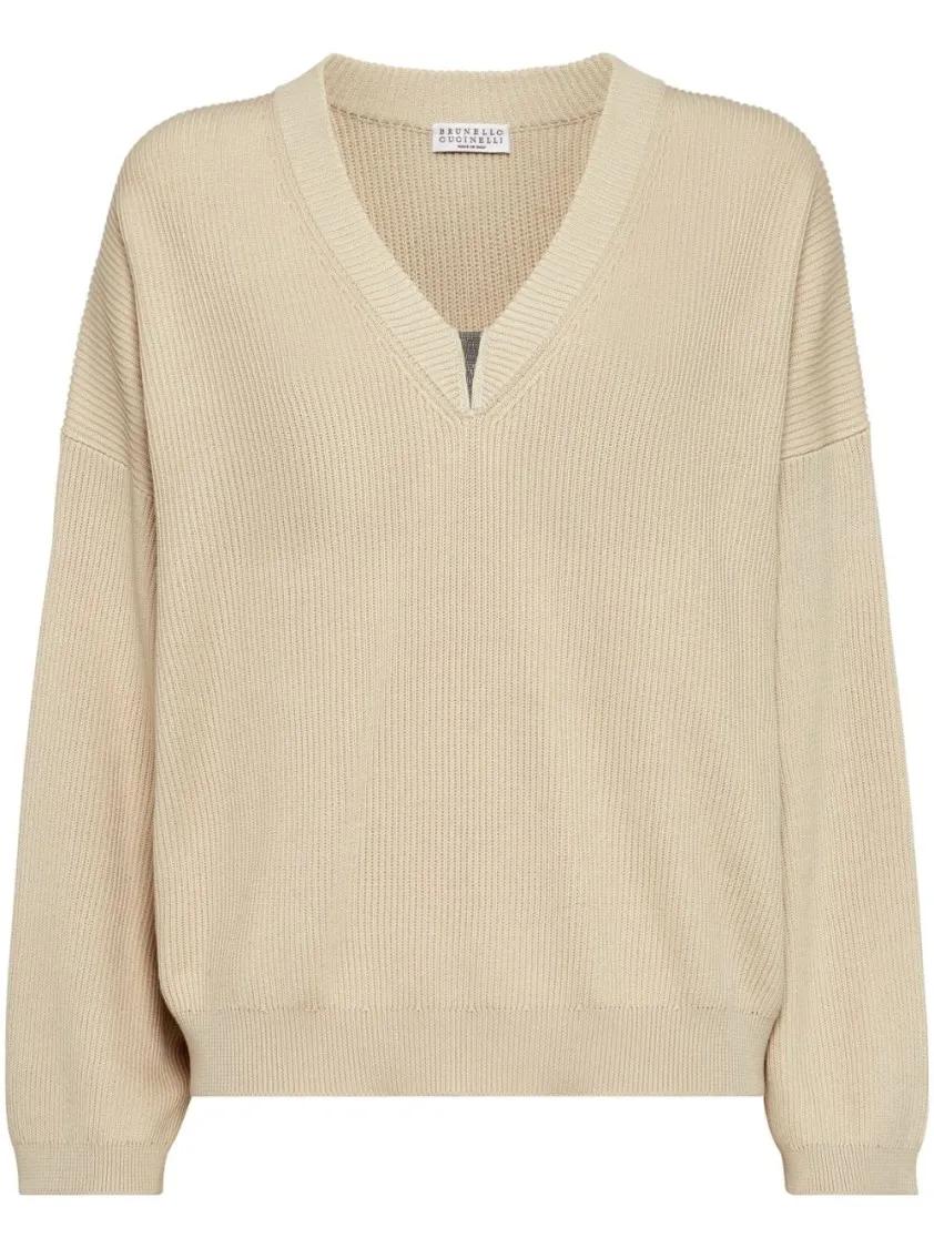 Thumbnail - Brunello Cucinelli - Light Beige Sweater With Ribbed Details - Größe M - beige