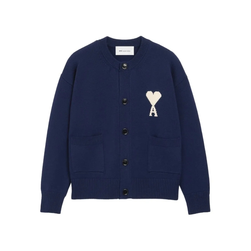 AMI Paris Vest Navy Blue Ribbed Hem Crewneck Sweater Black