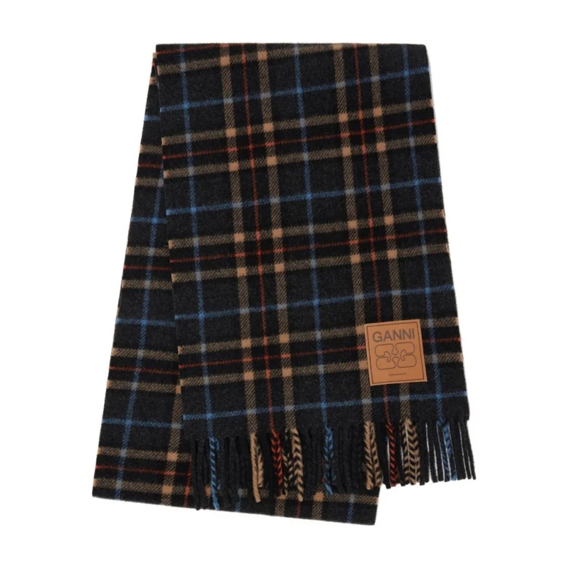 GANNI Écharpe légère Plaid Wool Scarf With Fringed Edges Black
