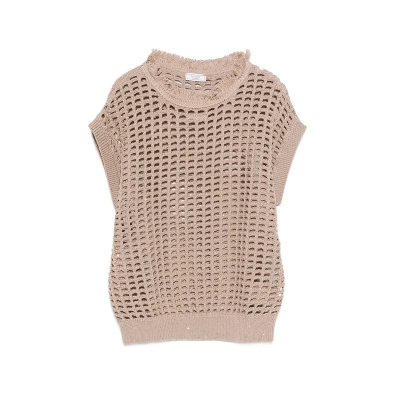 Peserico Trui Open-Weave Knitted Short-Sleeve T-Shirt Neutrals