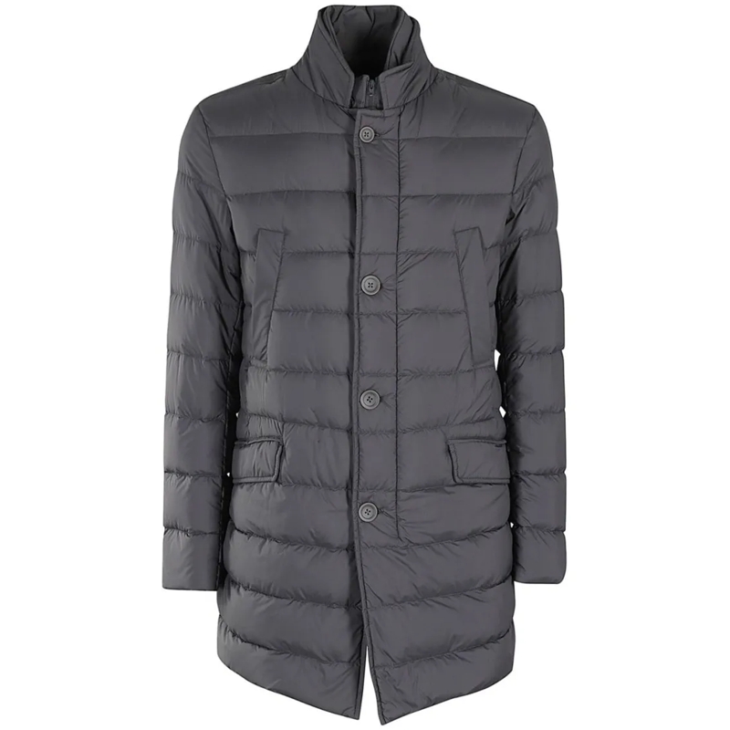 Herno  Quilted Anthracite Coat With High Collar And Minim Blue