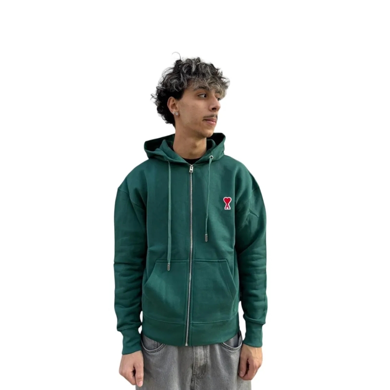 AMI Paris  Deep Green Zip-Up Hoodie With Drawstring Hood Black