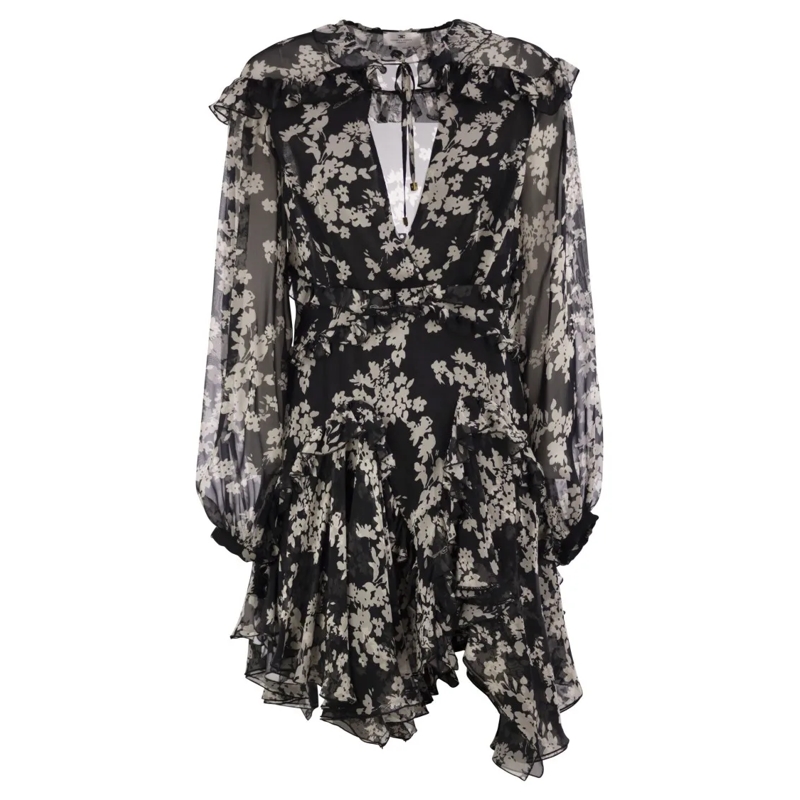 Elisabetta Franchi Mini-jurk Printed Silk Voile Dress With Ruffles Black