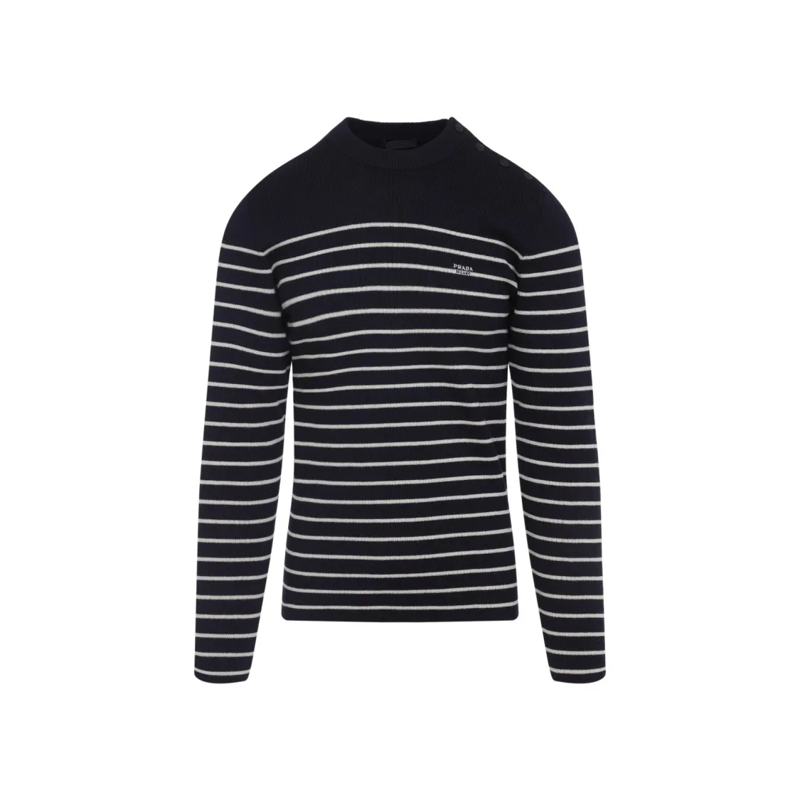 Prada Trui Round Neck Blue Striped Sweater Blue