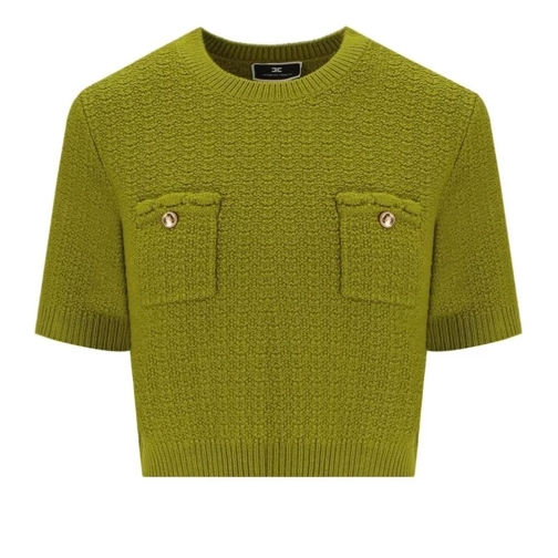 Elisabetta Franchi Olive Cropped Knitted T-Shirt With Buttons Green 