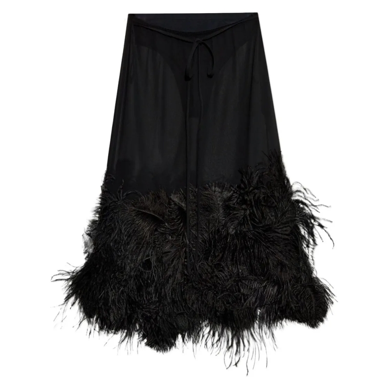 The Attico Midirok Midi Skirt With Tone-On-Tone Feather Hem Black