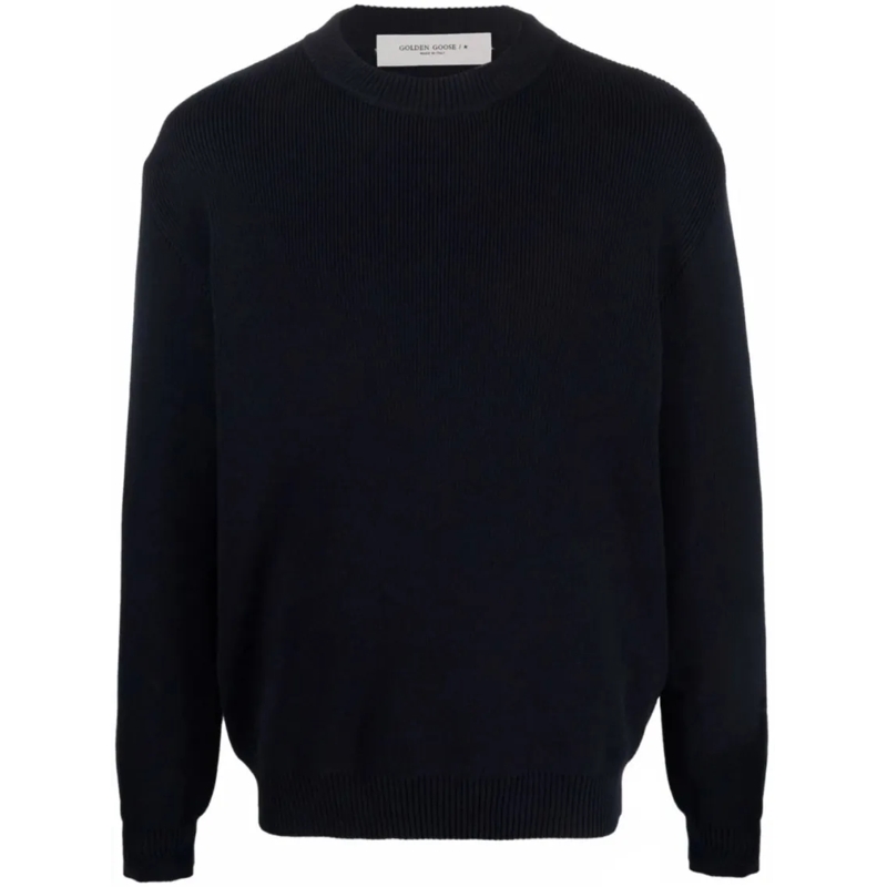 Golden Goose Pull Dark Blue Ribbed Knit Sweater With Logo Patch Black