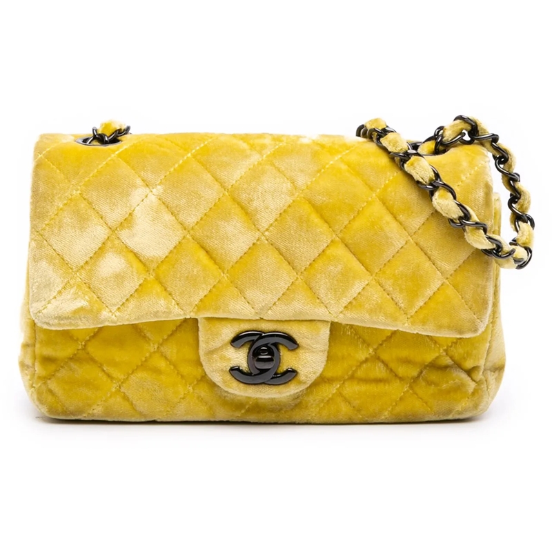 Chanel Sac à bandoulière Mini Rectangular Classic Velvet Single Flap gelb