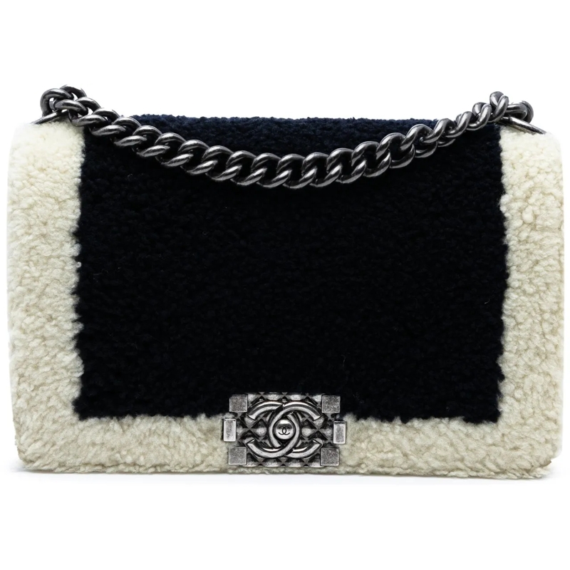 Chanel Schultertasche Old Medium Bicolor Shearling Boy Flap schwarz