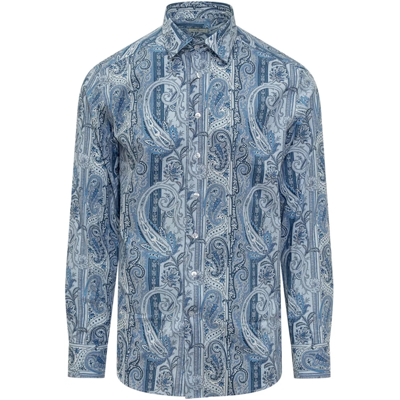 Etro Legeres Oberteil Camicia Slim Fit con Micro Paisley blau