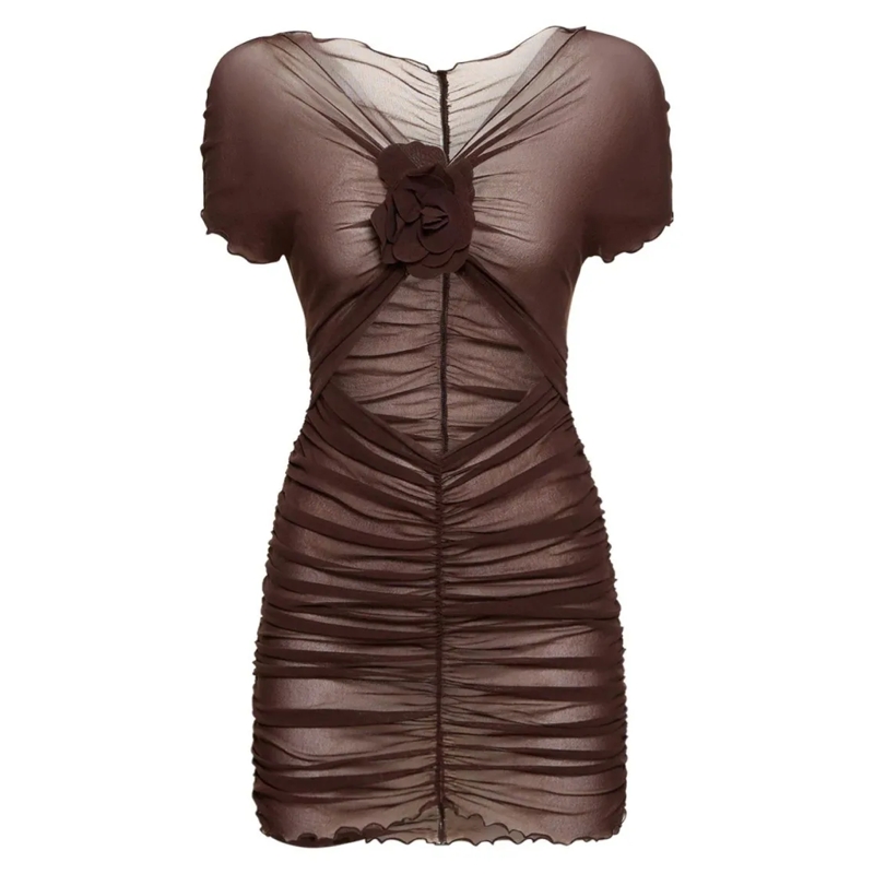 Philosophy Di Lorenzo Serafini Minikleid Ruched Mini Dress With Floral Detail And Sheer Ove Brown