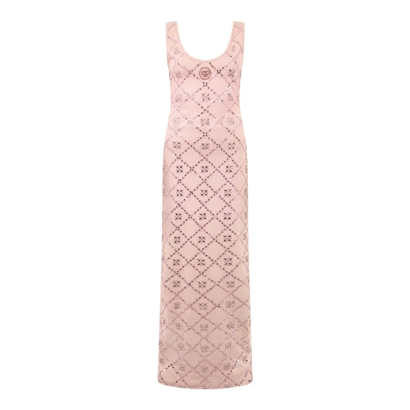 Philipp Plein Maxikleid Long Tank Dress Rhomb Flowers Strass rose
