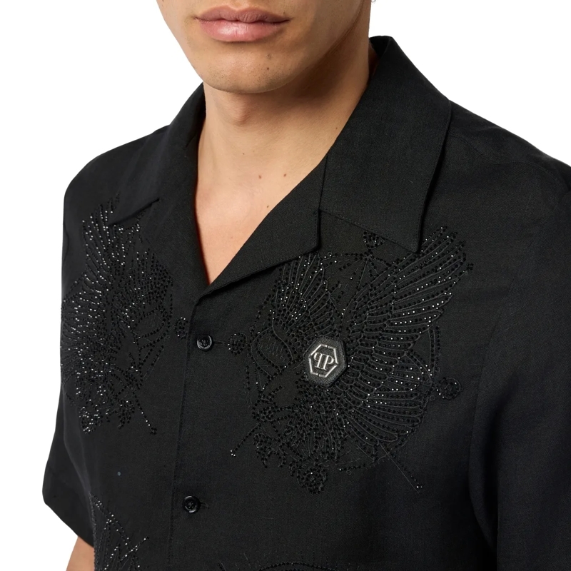 Philipp Plein Hemd Embroidered Linen Bowling Shirt Tattoo Strass schwarz(Image 5)