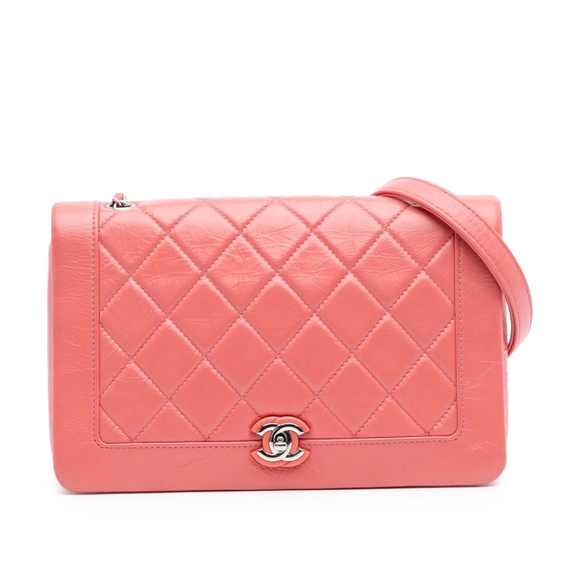 Chanel Sac à bandoulière Crumpled Calfskin Bi Quilted Vintage Full Flap rose