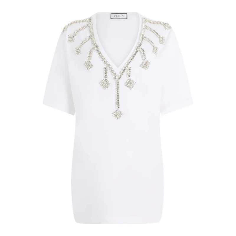 Philipp Plein Midikleid V-Neck T-Shirt Dress Crystal Fringes weiss