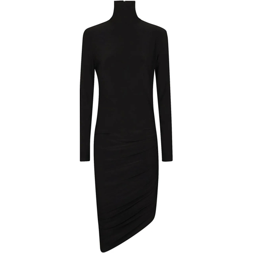 Norma Kamali Midi Jurken Long Sleeve Turtle Neck Side Drape Dress Black schwarz