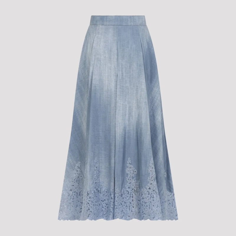 Ermanno Scervino Midirok Flowing Pleated Midi Skirt With Floral Lace Hem Blue