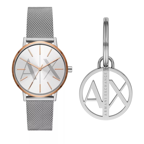 Armani Exchange Three-Hand Stainless Steel Watch and Key Ring Gift Silver Quarz-Uhr
