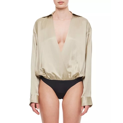 Christopher Esber Silk Satin Shirt Bodysuit Gold 