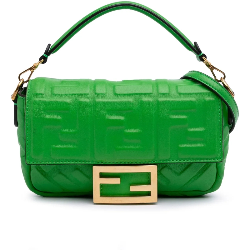 Fendi Schultertasche Mini Zucca Embossed Leather Baguette Satchel grün