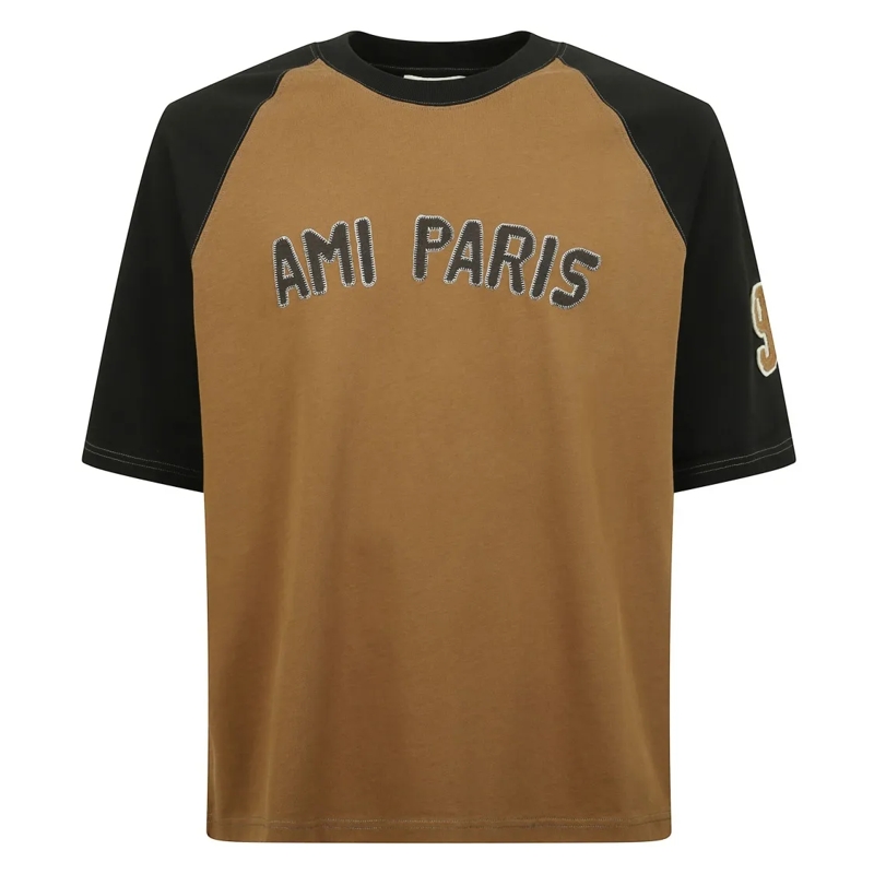AMI Paris T-Shirt Bicolour Short-Sleeved Cotton T-Shirt With Logo Pr Brown