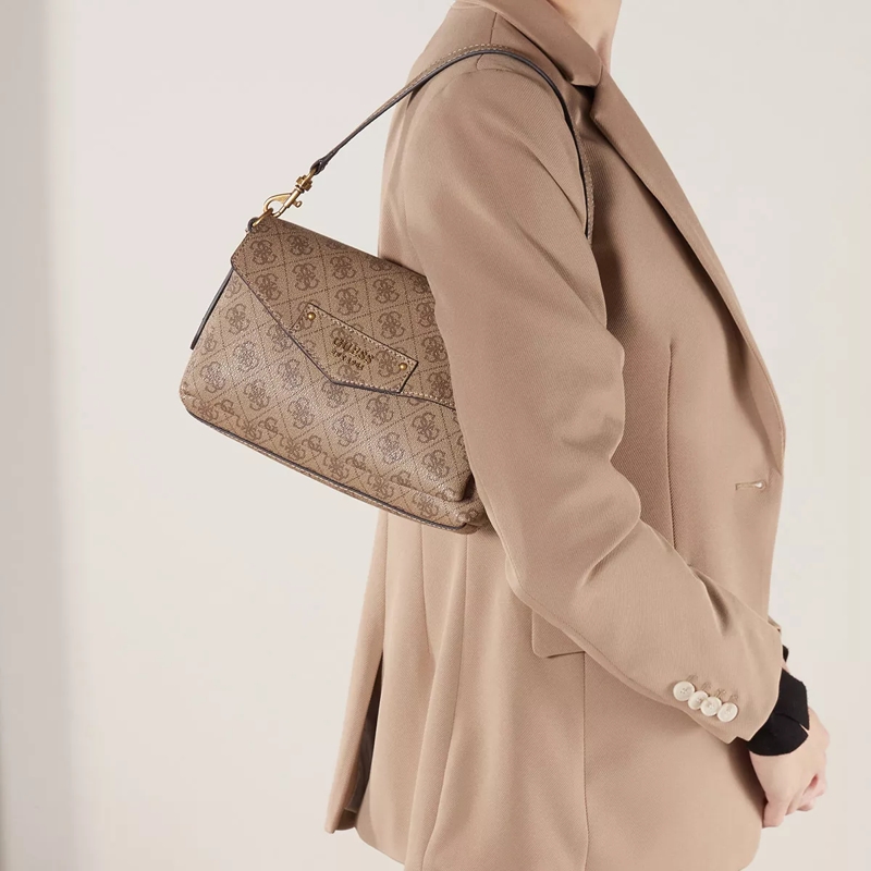 Guess Satchel Eco Brenton Flap Shoulder Bag Latte Logo(Image 2)