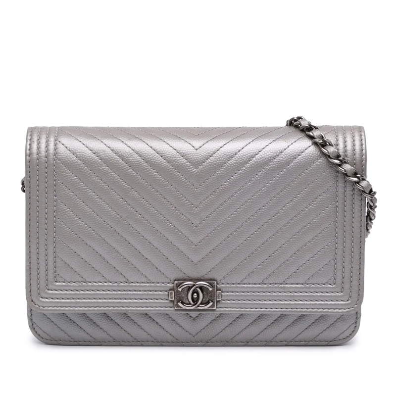 Chanel Sac à bandoulière Chevron Metallic Caviar Boy Wallet On Chain silber