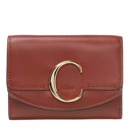 Chloé Small Trifold Wallet Shiny Calfskin Sepia Brown Vikbar plånbok