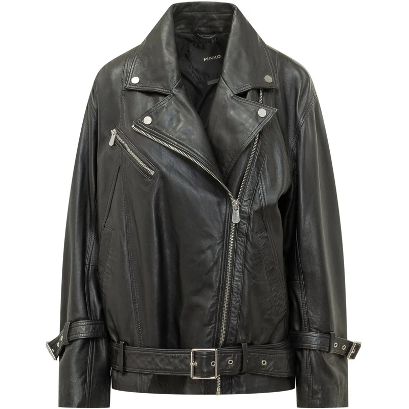 Pinko Veste en cuir Giacca biker in pelle con cintura schwarz