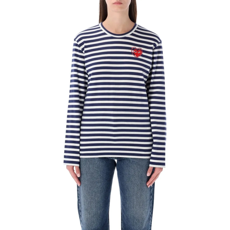 Comme des Garcons Langärmeliges Oberteil Play Striped Navy Grey