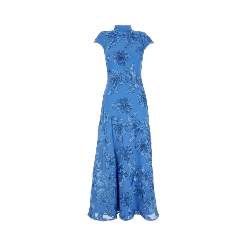Rotate  A-Line Long Dress With Embossed Floral Motif Blue