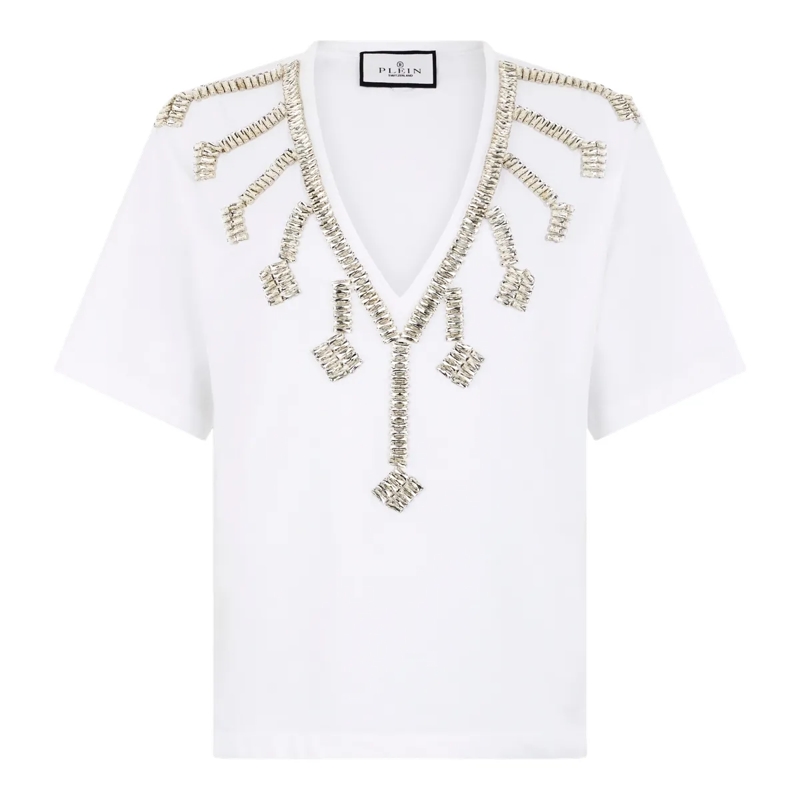 Philipp Plein T-Shirt V-Neck T-Shirt Crystal Fringes weiss
