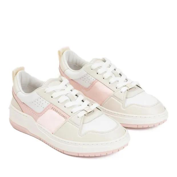 Salvatore Ferragamo Low-Top Sneaker - White And Pink Leather Dennis Sneakers - Gr. 6 - in Weiß - für Damen