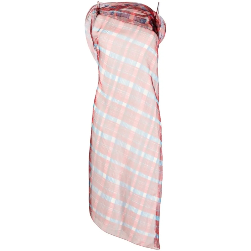 Salvatore Ferragamo Midi-jurk Asymmetric-Hem Plaid Organza Midi Dress Neutrals