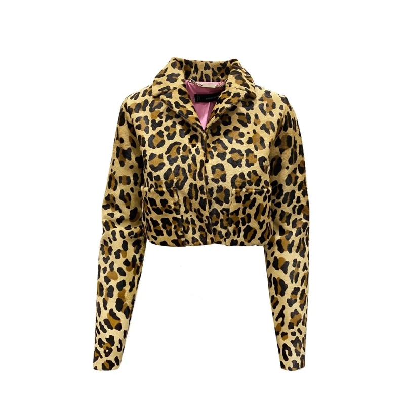 Dsquared2 Veste de transition Leopard Calf Hair Cropped Jacket Black