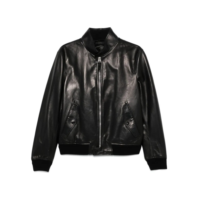Tom Ford Bomberjacke Lambskin Leather Bomber Jacket With Ribbed Trims Black