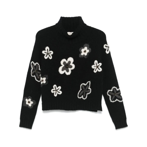 BRUNO MANETTI Rollkragenpullover Black Floral Embroidery Sweater Black