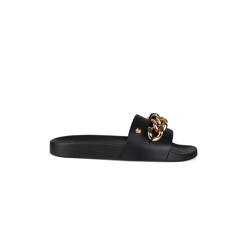 Versace Balletschoenen Black Leather Slides With Gold-Tone Chain Black