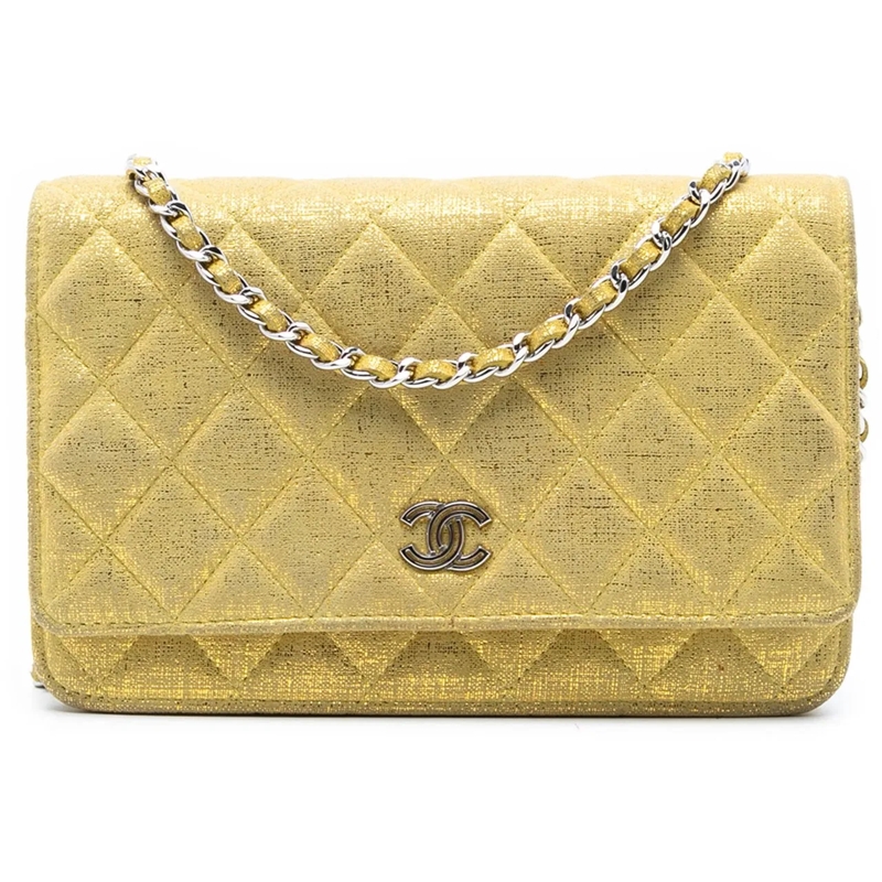 Chanel Schultertasche CC Quilted Metallic Fabric Wallet On Chain gelb