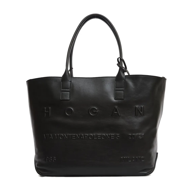 Hogan Tote Address Medium Shopping Bag In Black Leather Black