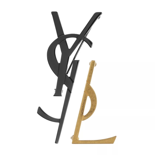 Saint Laurent YSL Logo Shaped Brooches Black Gold Statementring