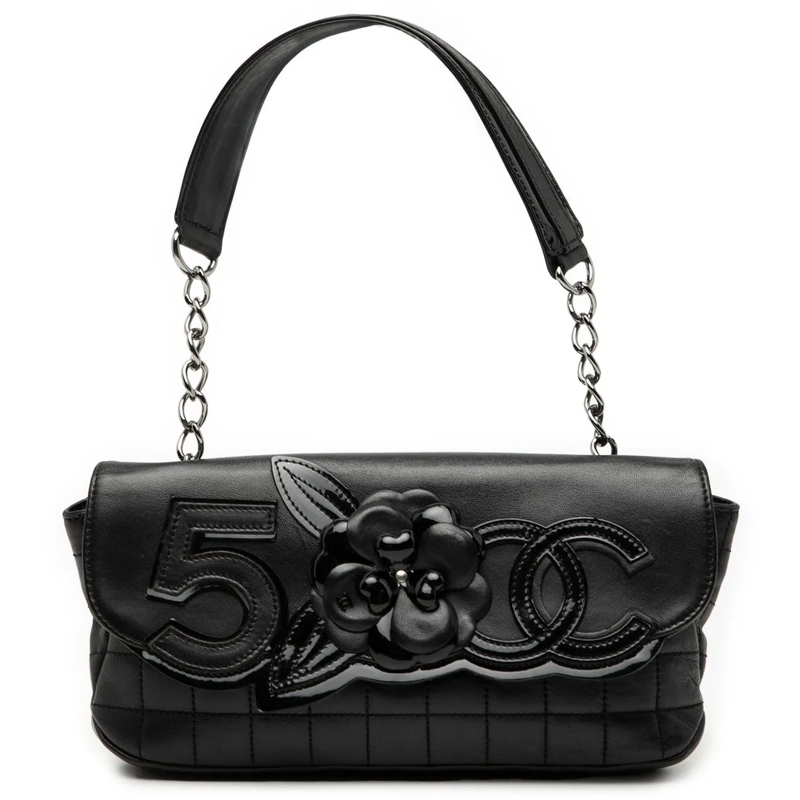 Chanel Sac à bandoulière Camellia CC Choco Bar No 5 Lambskin Shoulder Bag schwarz