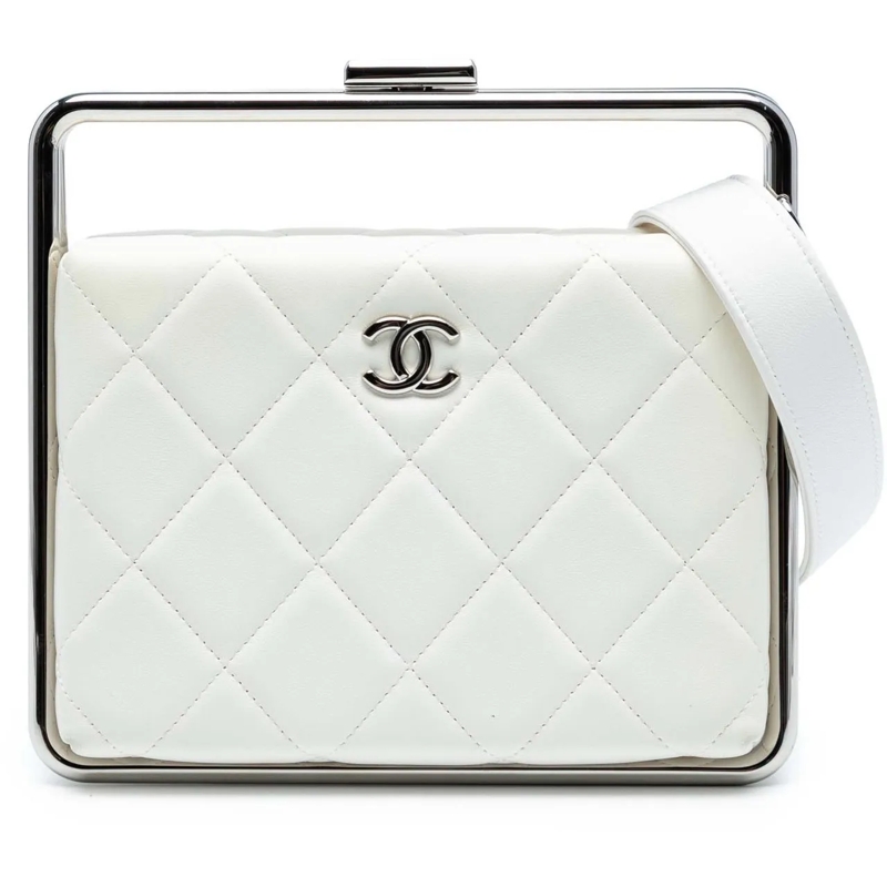 Chanel Schultertasche Quilted Lambskin Metal Bar Convertible Clutch weiß