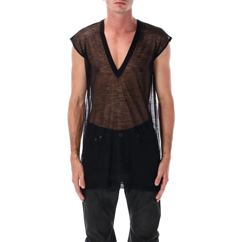 Rick Owens T-shirt Black Sheer Wool Deep V Tank Black