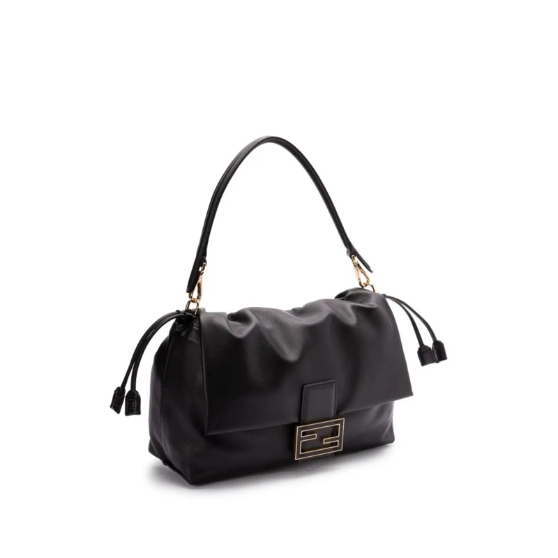 Fendi Schultertasche Gathered Leather Handbag With Gold-Tone Clasp Black(Image 5)